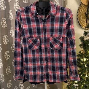 Free People Navy and Red Plaid Button Down Shirt